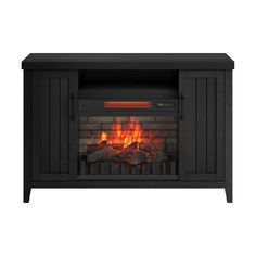 an electric fireplace with logs in the front and side panels on either side, black