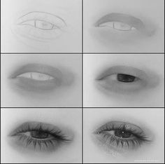 six different types of eyes with one eye open and the other closed, all in black and white