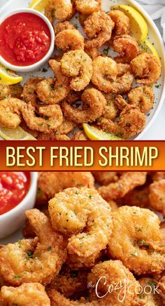 the best fried shrimp is served with ketchup and lemon wedges