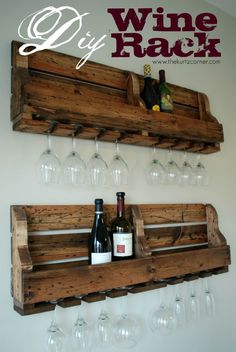 wine rack made out of old pallets and wine glasses hanging on the wall with text overlay reading diy wine rack