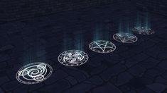 four glowing circles in the middle of a cobblestone floor, with an inverted design on them