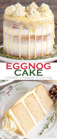 an eggnog cake with white frosting and pine cones on the top is shown