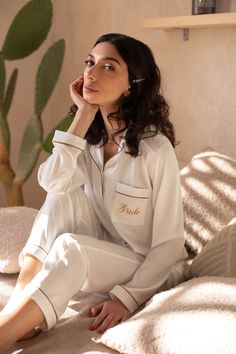 Pajama Set With Shirt and Pants ABOUT ITEM : A perfect combination of comfort and style! They are designed to be have the comfy fit of loungewear without sacrificing appearance. It is hard not to look classy wearing satin sleep ware and the silky-smooth feel feels amazing on the skin. SIZES : If your measurements do not match to our size guide please write to us and our workshop will carry out your measurement on order at no additional cost. Careful! Custom products are not returned! If you have White Bridesmaid Gift Sets, White Sets For Bridesmaid Gift, White Long Sleeve Sets For Wedding Night, White Long Sleeve Sets For Wedding, Long Sleeve Sets For Bridesmaids, White Long Sleeve Sleepwear For Wedding, Sleep Ware, Bridesmaid Pajama, Bride Pajama