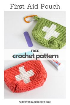 two crochet pouches with the text, first aid pouch free crochet pattern