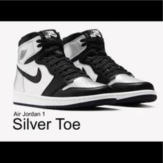 the air jordan 1 silver toe is shown in black and white with an upper half