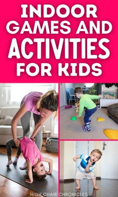 the cover of indoor games and activities for kids, with pictures of children playing on mats