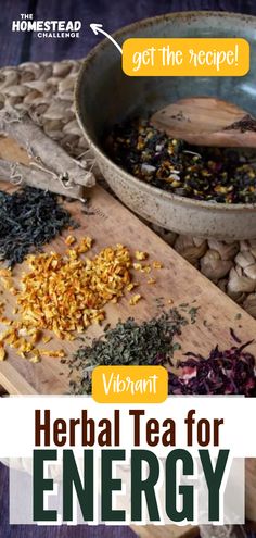 a wooden cutting board topped with lots of different types of herbs next to a metal bowl filled with tea