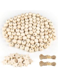 wooden beads and string on white background with star shaped bead, including two pieces of wood