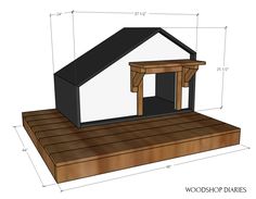 a dog house is shown with measurements for the roof and side walls, as well as its