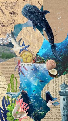 the collage is made up of many different pictures and words, including an image of a whale