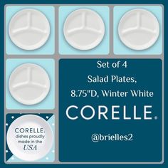 four white plastic plates with the words corelle on each one and three different designs