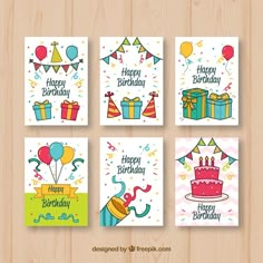 four birthday cards with colorful balloons and gifts on wooden background, happy birthday card design