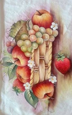 a painting of apples, grapes and strawberries