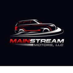 the main stream motors logo is shown on a black background with red and white stripes