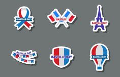 six different stickers with the words bastille day written in french and english