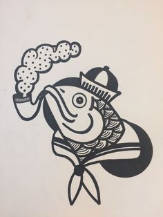 a black and white drawing of a fish with a hat on it's head