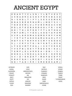 the ancient egypt word search is shown in black and white, with words below it