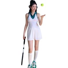 Tavimart New Tennis Dress Nude Fabric Dance Badminton Sports Dress Pleated Skirt Two-piece Suit Tennis Skirt Dress with Shorts and Pocket Mint Green Prom Dress, Nude Fabric, Dress With Shorts, Badminton Sport, Football Game Outfit, Golf Dresses, Dress Pleated, Golf Skirts, Golf Outfits Women