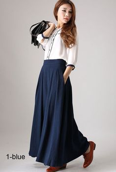 "Wear everywhere navy maxi skirt from Xiaolizi. The linen skirt in a high-rise construction + flowing silhouette. The circle skirt topped with a banded waist + right zipper closure. The full skirt finished with pleating details. DETAIL * More colors select from No. 4 photo https://etsy.me/3zZDRrH * 50% Linen, 50% Cotton * No Lining * Two pockets * Hidden zipper in the right side * Pleated detail to the waist * Maxi Linen skirt * Ankle length * Perfect for spring and summer, autumn * wash by hand Long Linen Skirt, Modern Skirt, Engagement Photo Outfits Fall, Skirts Long, Navy Blue Skirt, Womens Tops Dressy, Womens Skirts, Women Fashion Edgy, Pleated Maxi Skirt