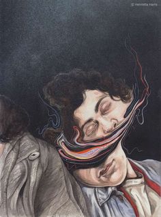 a drawing of two people with their faces covered by strips of paper