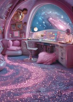 a room with pink and purple stars on the floor, including a space themed desk