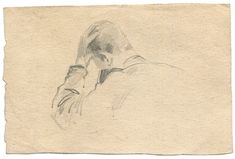 a pencil drawing of a man's head with his hands on his chin, looking to the side