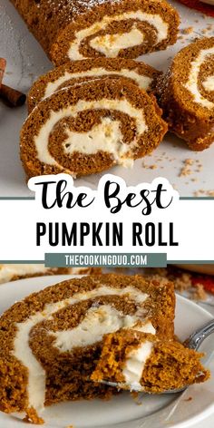 Close-up of pumpkin roll on a plate and white counter. No Bake Pumpkin Cheesecake Bars, Pumpkin Cream Cheese Roll, Pumpkin Roll Recipe, Pumpkin Rolls Recipe, No Bake Pumpkin, Pumpkin Cheesecake Bars, No Bake Pumpkin Cheesecake, Cake Roll Recipes