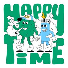 two cartoon characters are standing next to each other with the words happy time on them