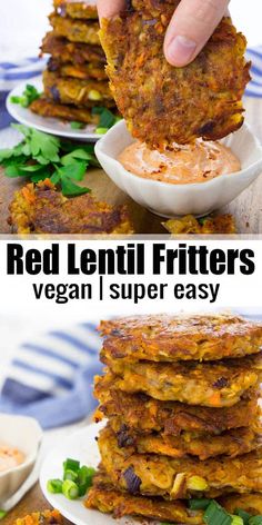 red lentil fritters are stacked on top of each other and topped with sauce