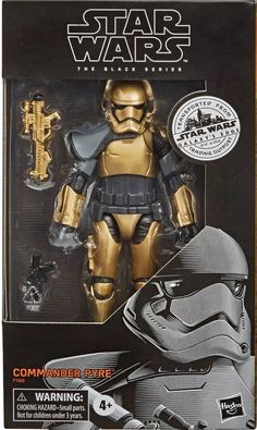 the star wars action figure is shown in its box, and it's gold