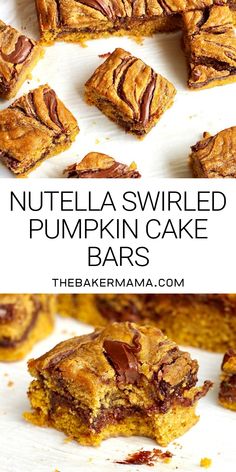 nutella swirled pumpkin cake bars with text overlay