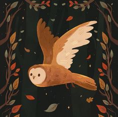 an owl flying through the air with leaves around it