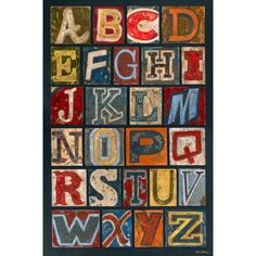 an old fashioned alphabet with letters and numbers in different colors, sizes and font styles