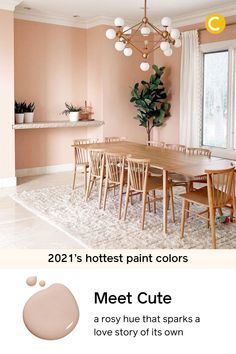 a dining room with pink walls and wooden furniture in the center is an advertisement for paint colors