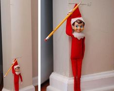 an elf with a pencil in his hand is leaning against the wall and pointing at it