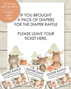 the diaper raffle flyer is shown with three bears and other animals