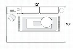 the top view of a living room with furniture and measurements for the area around it