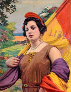 a painting of a woman holding a red and yellow flag in front of her face