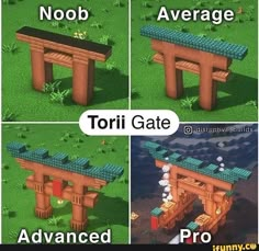 four different stages of building a wooden bridge in minecraft, with instructions to build it