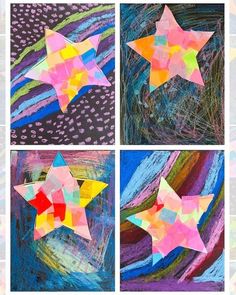 four different pictures of colorful paper stars