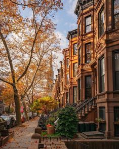 a row of browns houses in the fall with leaves on the ground and stairs leading up to them