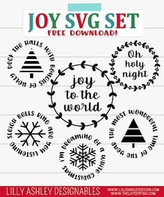 the joy svg set includes christmas ornaments, snowflakes and holly wreaths