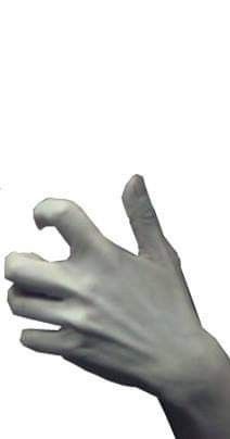 a person's hand in white gloves reaching up into the air