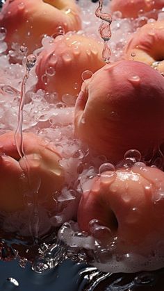 apples are being washed in water with bubbles on the bottom and sides, as if they were just about to be eaten