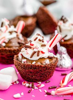 chocolate cupcakes topped with whipped cream and candy canes on a pink surface