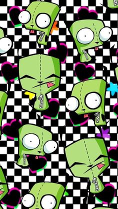 the green cartoon character is on checkered paper with black and white squares in the background