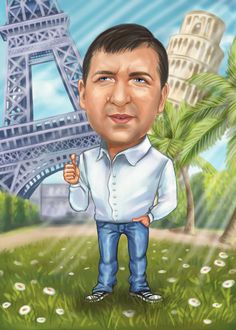 a caricature of a man standing in front of the eiffel tower