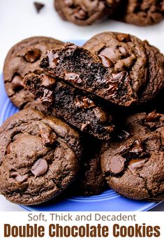 soft, thick and decadent double chocolate cookies on a blue plate with text overlay