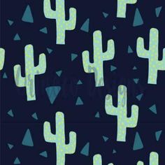 a blue and green cactus pattern on a black background with small triangles in the middle