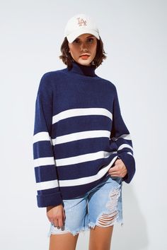 Q2 Navy blue turtle neck sweater in navy with stripes Navy Blue Turtleneck, Blue Turtle, Turtle Neck Sweater, Wardrobe Outfits, Striped Turtleneck, Model Fits, Black Tights, Winter Sweaters, Striped Knit